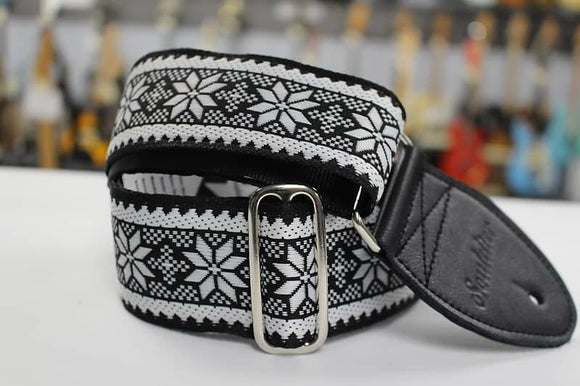 Souldier Strap Poinsettia Black on White  w/ Black Leather Ends *Free Shipping in the USA*